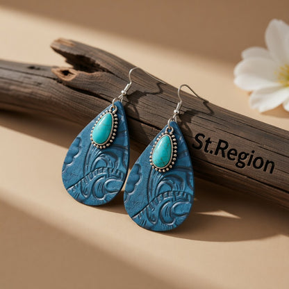 Navy Polystyrene and Turquoise Floral Embossed Drop Earrings, drop earrings for women, vintage-inspired design, front view