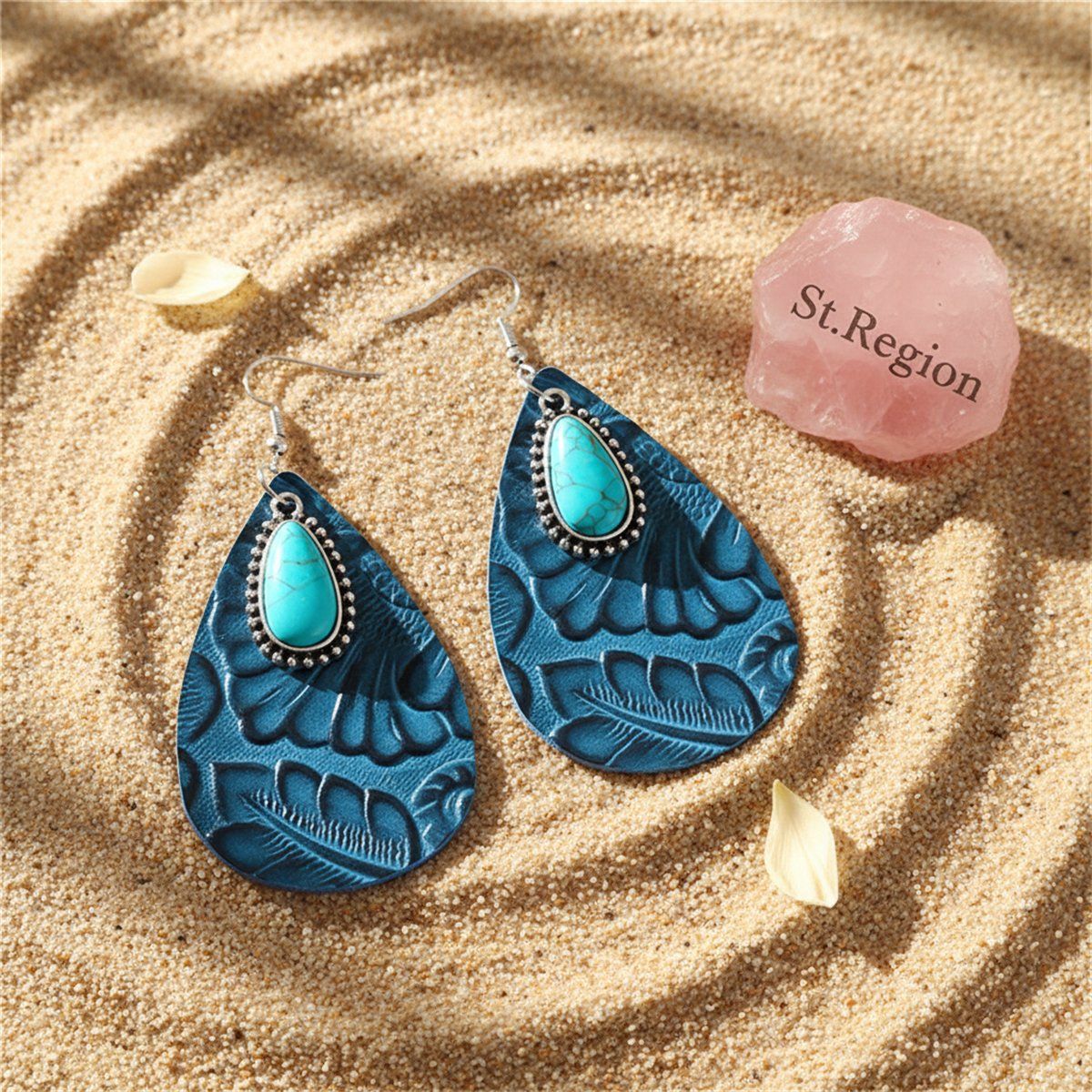 Navy Polystyrene and Turquoise Floral Embossed Drop Earrings, drop earrings for women, detail close-up