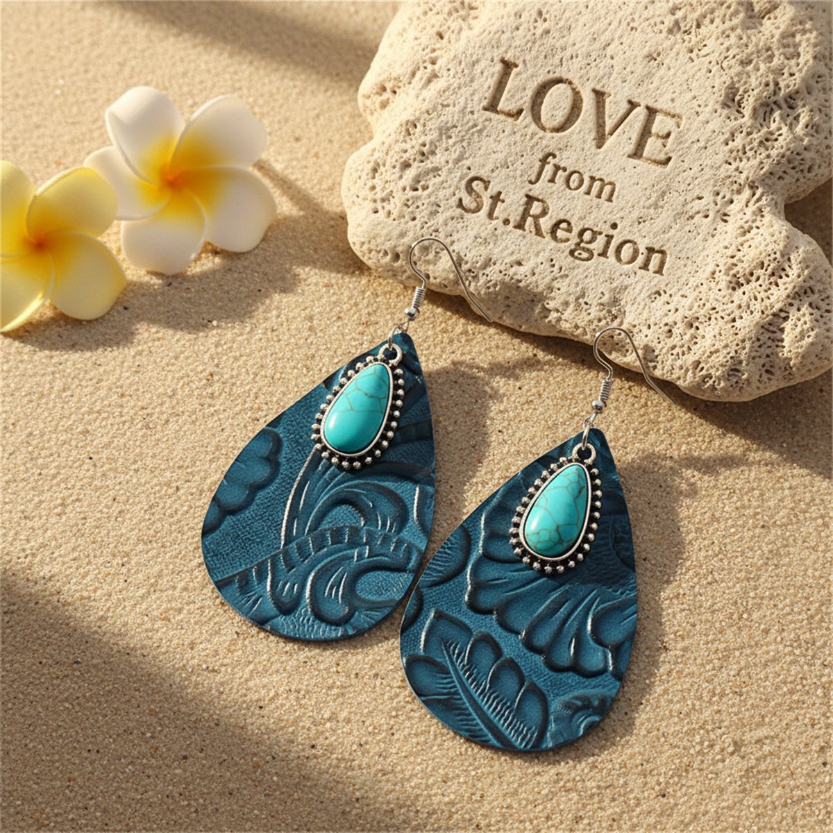 Navy Polystyrene and Turquoise Floral Embossed Drop Earrings, drop earrings for women, lifestyle look