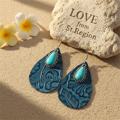 Navy Polystyrene and Turquoise Floral Embossed Drop Earrings, drop earrings for women, lifestyle look