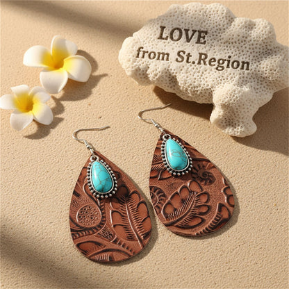 Brown and Turquoise Floral Embossed Drop Earrings, drop earrings for women, elegant gift for her, lifestyle look
