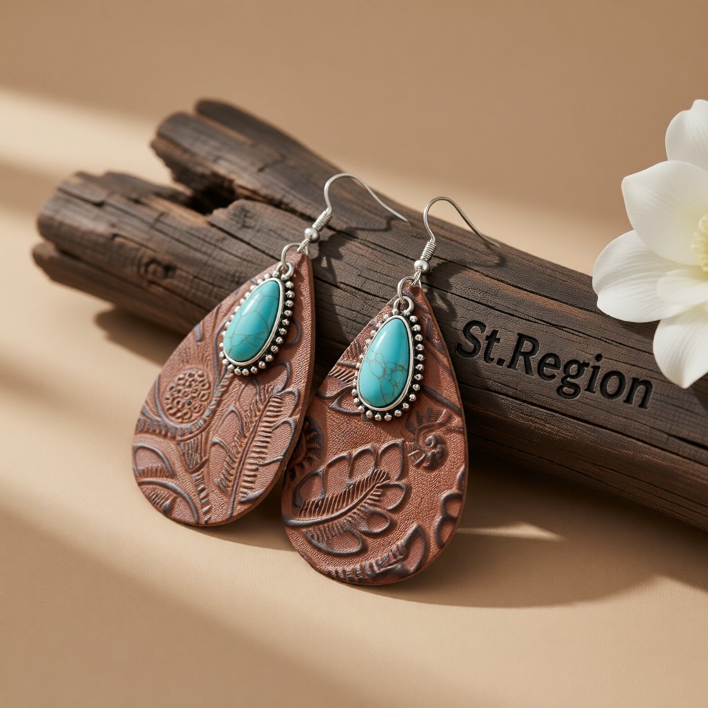 Brown and Turquoise Floral Embossed Drop Earrings, drop earrings for women, elegant gift for her, front view