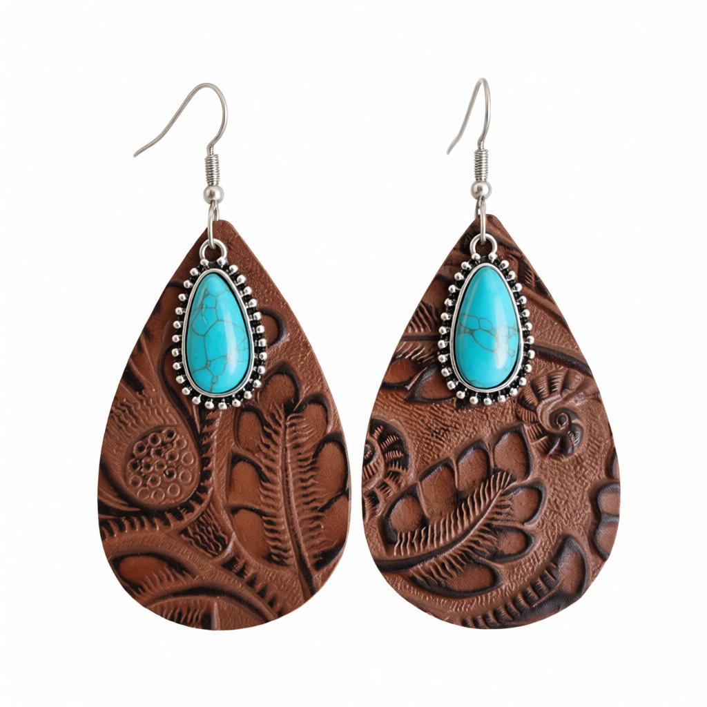 Brown and Turquoise Floral Embossed Drop Earrings, drop earrings for women, elegant gift for her, side view