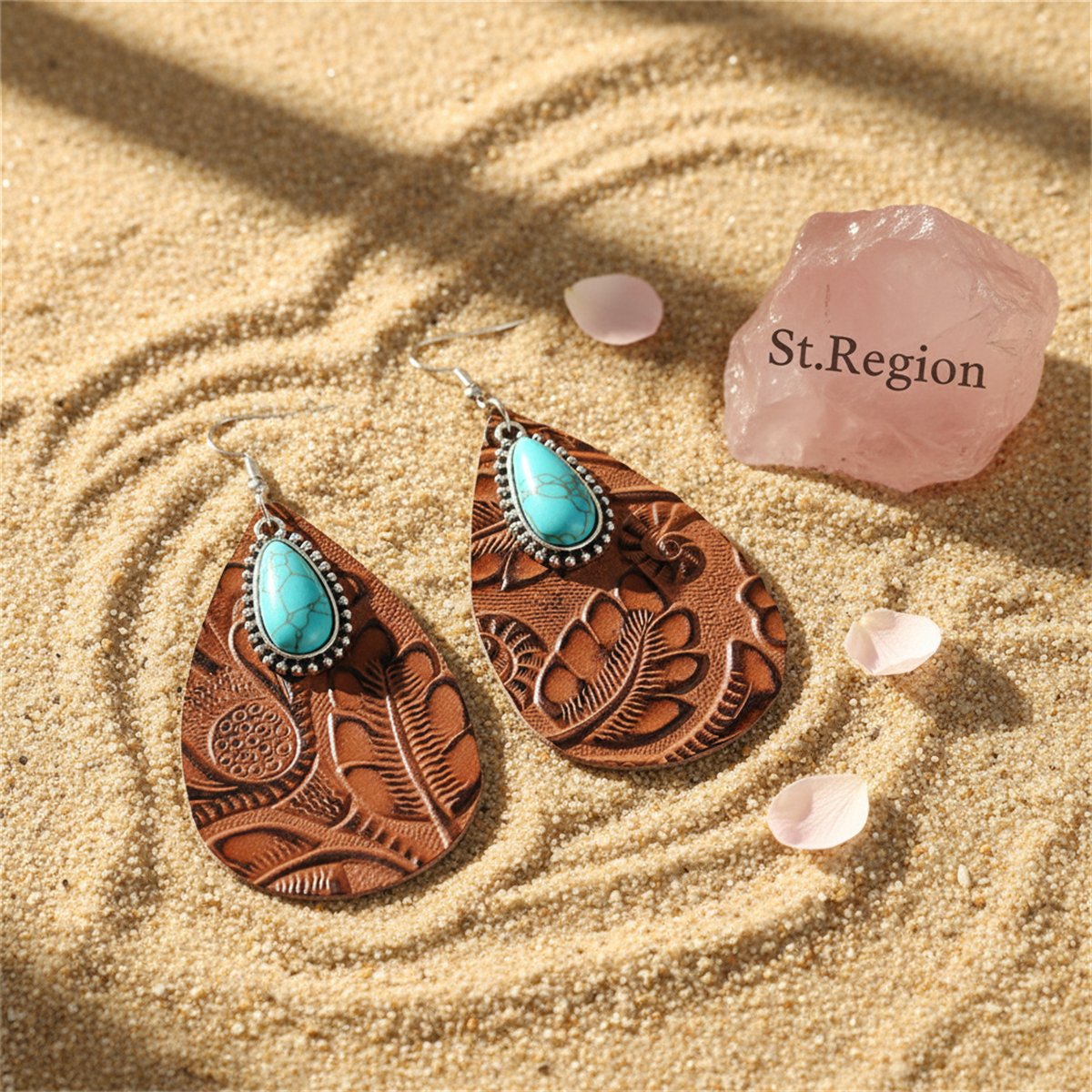 Brown and Turquoise Floral Embossed Drop Earrings, drop earrings for women, elegant gift for her, detail close-up