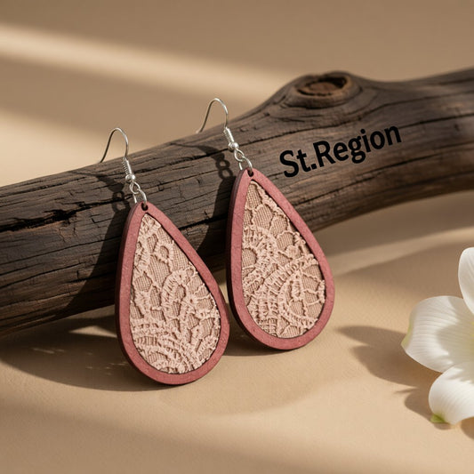 Beige and Red Lace-Textured Teardrop Earrings, drop earrings for women, elegant gift for her, front view