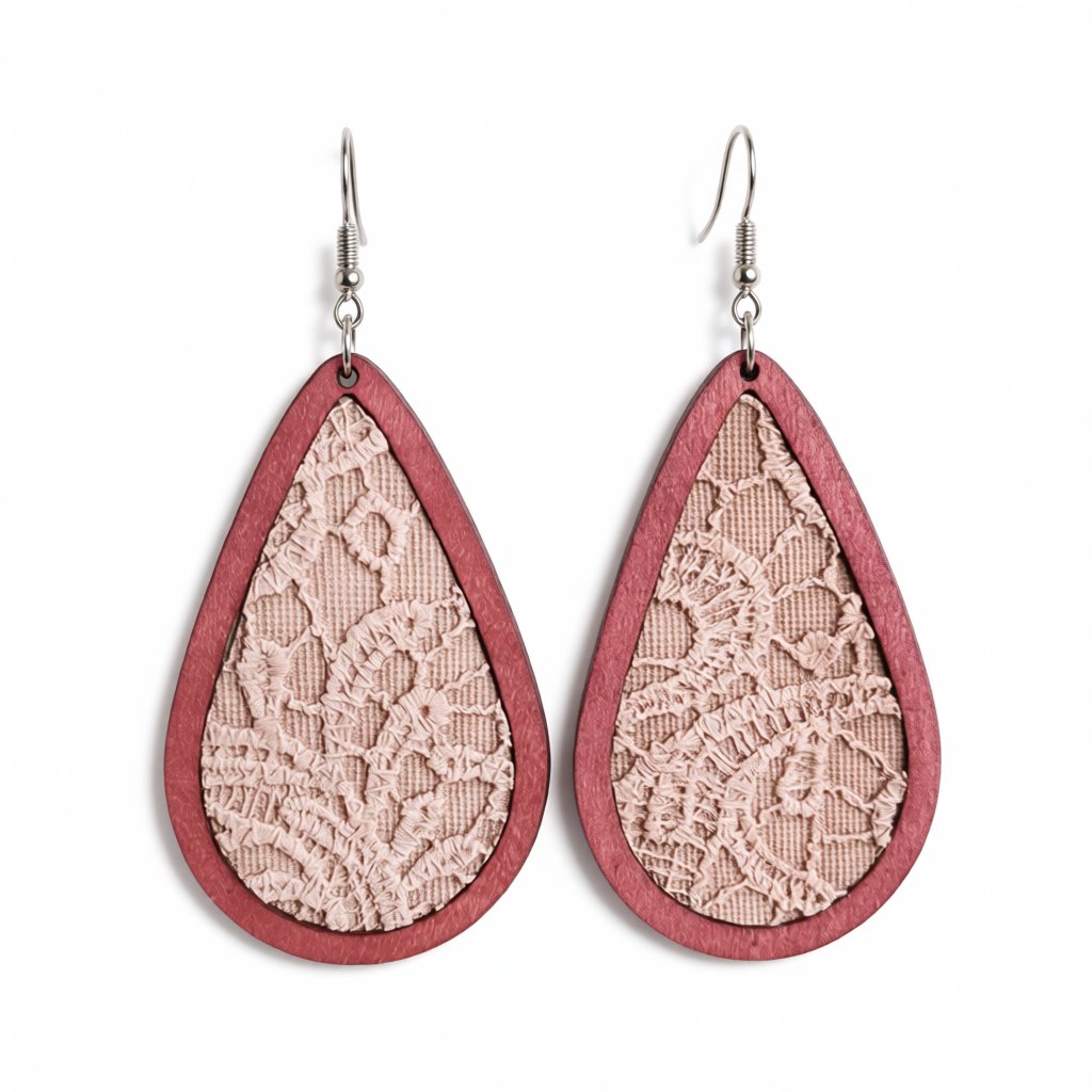 Beige and Red Lace-Textured Teardrop Earrings, drop earrings for women, elegant gift for her, side view