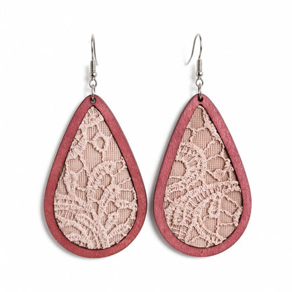 Beige and Red Lace-Textured Teardrop Earrings, drop earrings for women, elegant gift for her, side view