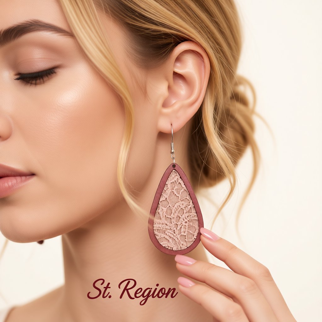 Beige and Red Lace-Textured Teardrop Earrings, drop earrings for women, elegant gift for her, styled look