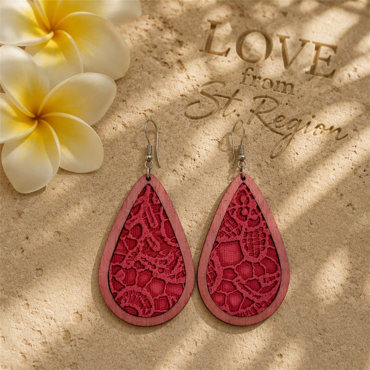 Fuchsia and Red Lace-Textured Teardrop Earrings, drop earrings for women, everyday style, lifestyle look