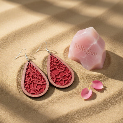 Fuchsia and Red Lace-Textured Teardrop Earrings, drop earrings for women, everyday style, detail close-up