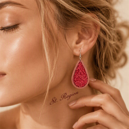 Fuchsia and Red Lace-Textured Teardrop Earrings, drop earrings for women, everyday style, styled look