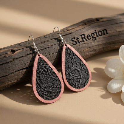 Black and Red Lace-Textured Teardrop Earrings, drop earrings for women, elegant gift for her, front view