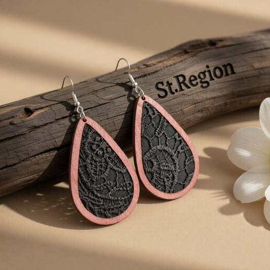 Black and Red Lace-Textured Teardrop Earrings, drop earrings for women, elegant gift for her, front view