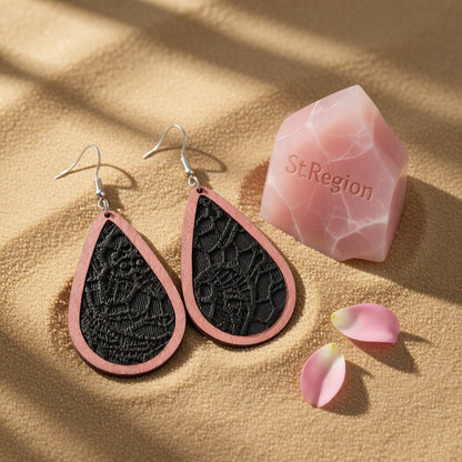 Black and Red Lace-Textured Teardrop Earrings, drop earrings for women, elegant gift for her, detail close-up