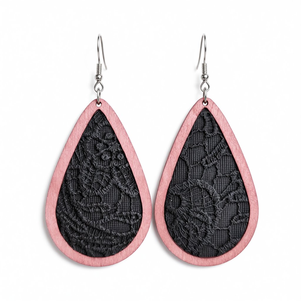 Black and Red Lace-Textured Teardrop Earrings, drop earrings for women, elegant gift for her, side view