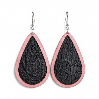 Black and Red Lace-Textured Teardrop Earrings, drop earrings for women, elegant gift for her, side view
