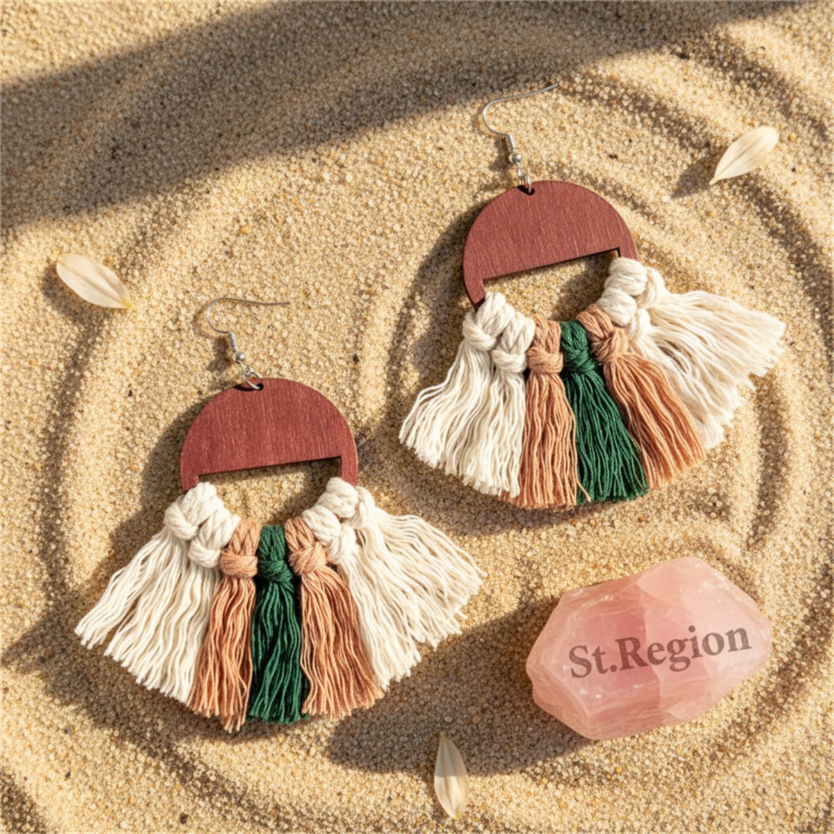 Blush and Green Tassel Wood Drop Earrings, drop earrings for women, elegant gift for her, detail close-up