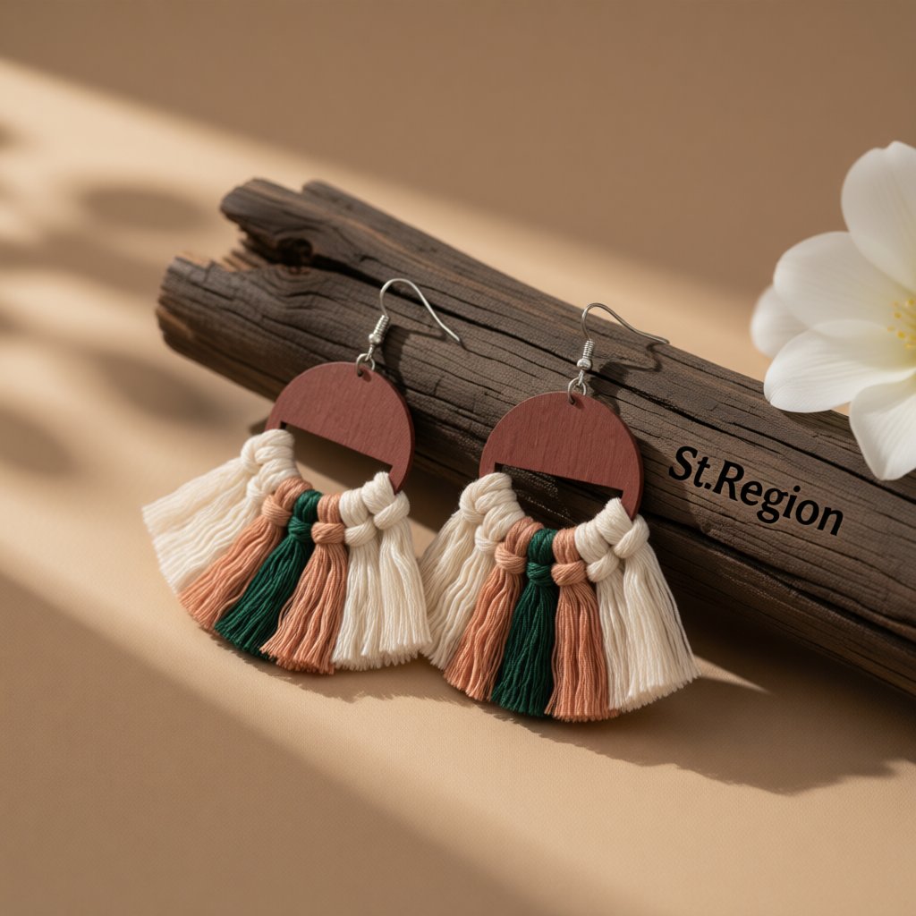 Blush and Green Tassel Wood Drop Earrings, drop earrings for women, elegant gift for her, front view