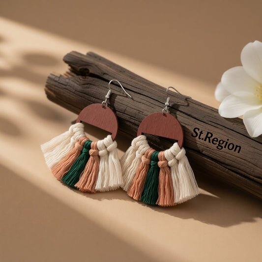 Blush and Green Tassel Wood Drop Earrings, drop earrings for women, elegant gift for her, front view