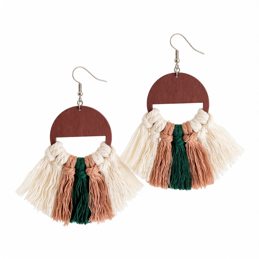 Blush and Green Tassel Wood Drop Earrings, drop earrings for women, elegant gift for her, side view
