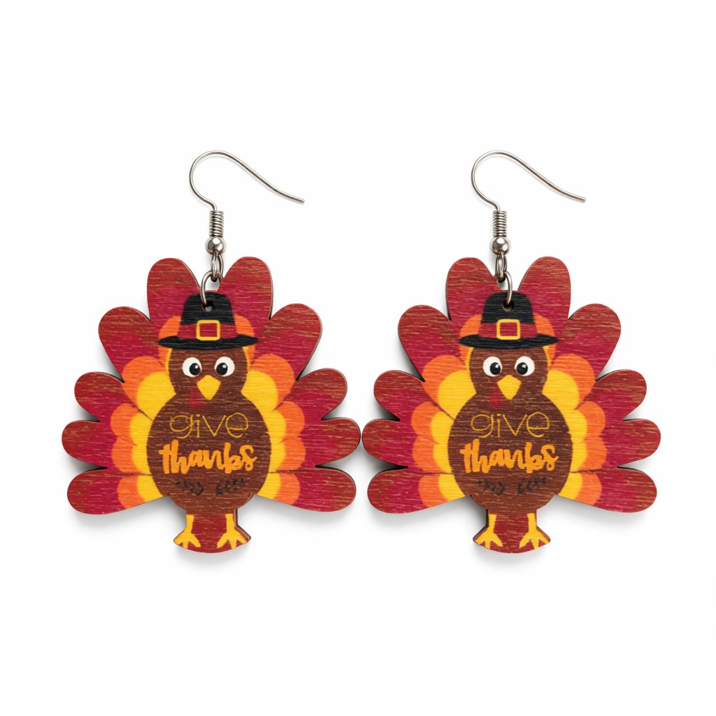 Red and Brown Turkey 'Give Thanks' Drop Earrings, drop earrings for women, vintage-inspired design, side view
