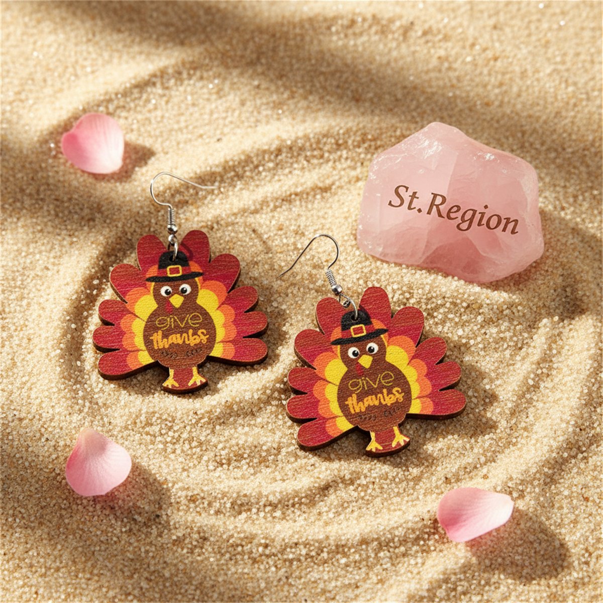 Red and Brown Turkey 'Give Thanks' Drop Earrings, drop earrings for women, vintage-inspired design, detail close-up