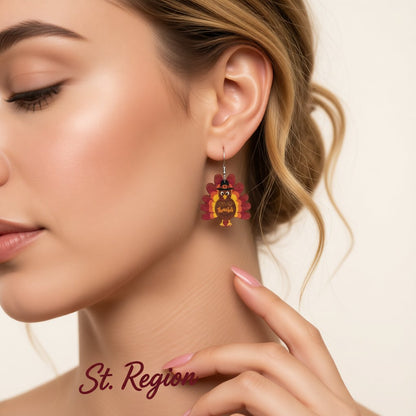 Red and Brown Turkey 'Give Thanks' Drop Earrings, drop earrings for women, vintage-inspired design, styled look