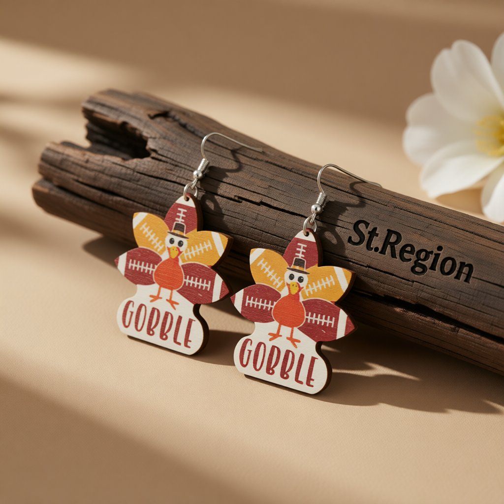 Red 'Gobble' Football Turkey Drop Earrings, drop earrings for women, everyday style, front view