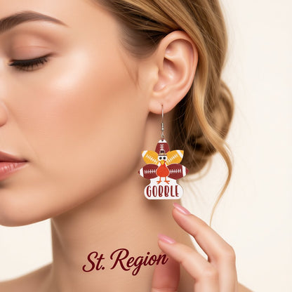 Red 'Gobble' Football Turkey Drop Earrings, drop earrings for women, everyday style, styled look