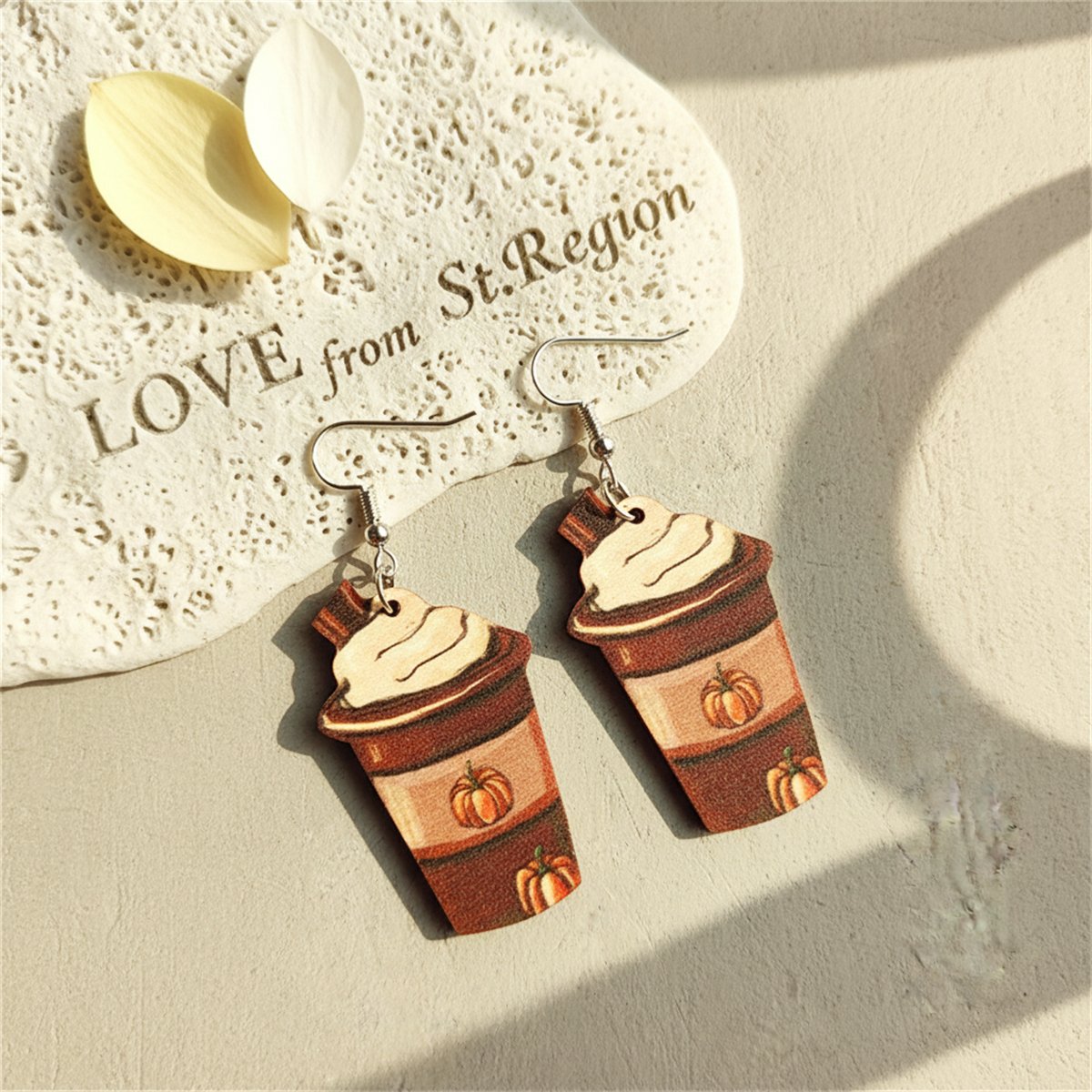 Brown Pumpkin Whip Cream Drink Drop Earrings, drop earrings for women, vintage-inspired design, lifestyle look