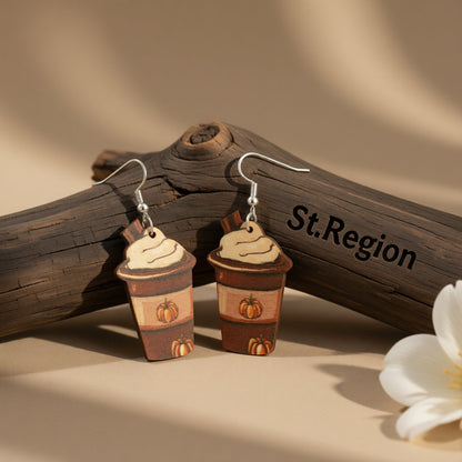 Brown Pumpkin Whip Cream Drink Drop Earrings, drop earrings for women, vintage-inspired design, front view