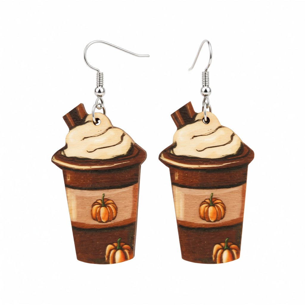 Brown Pumpkin Whip Cream Drink Drop Earrings, drop earrings for women, vintage-inspired design, side view