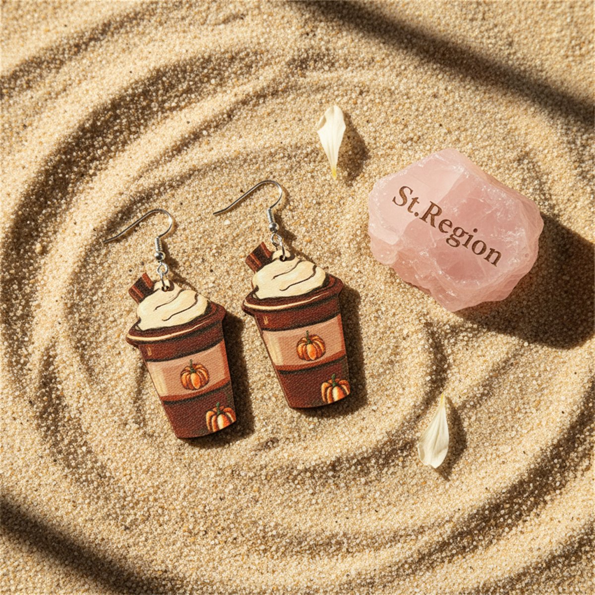Brown Pumpkin Whip Cream Drink Drop Earrings, drop earrings for women, vintage-inspired design, detail close-up