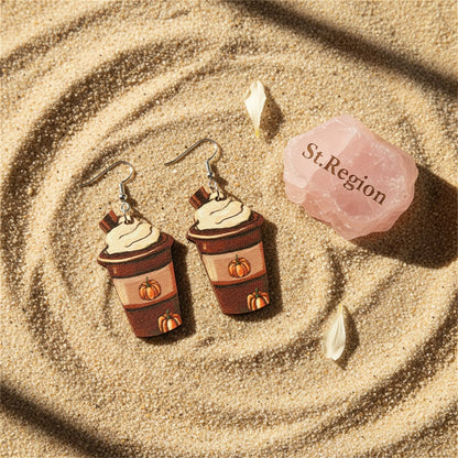 Brown Pumpkin Whip Cream Drink Drop Earrings, drop earrings for women, vintage-inspired design, detail close-up