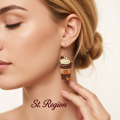Brown Pumpkin Whip Cream Drink Drop Earrings, drop earrings for women, vintage-inspired design, styled look