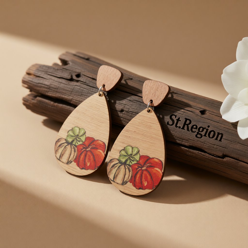 Orange and Brown Pumpkin Teardrop Earrings, drop earrings for women, vintage-inspired design, front view