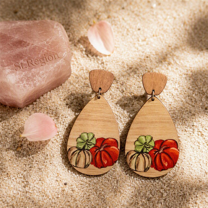 Orange and Brown Pumpkin Teardrop Earrings, drop earrings for women, vintage-inspired design, detail close-up