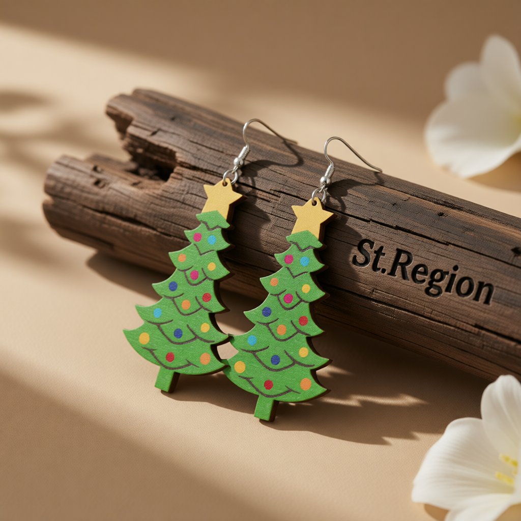 Green and Yellow Wood Christmas Tree Drop Earrings, drop earrings for women, vintage-inspired design, front view