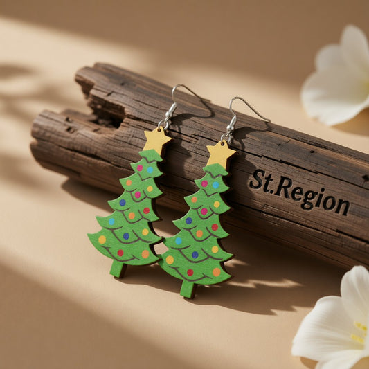 Green and Yellow Wood Christmas Tree Drop Earrings, drop earrings for women, vintage-inspired design, front view