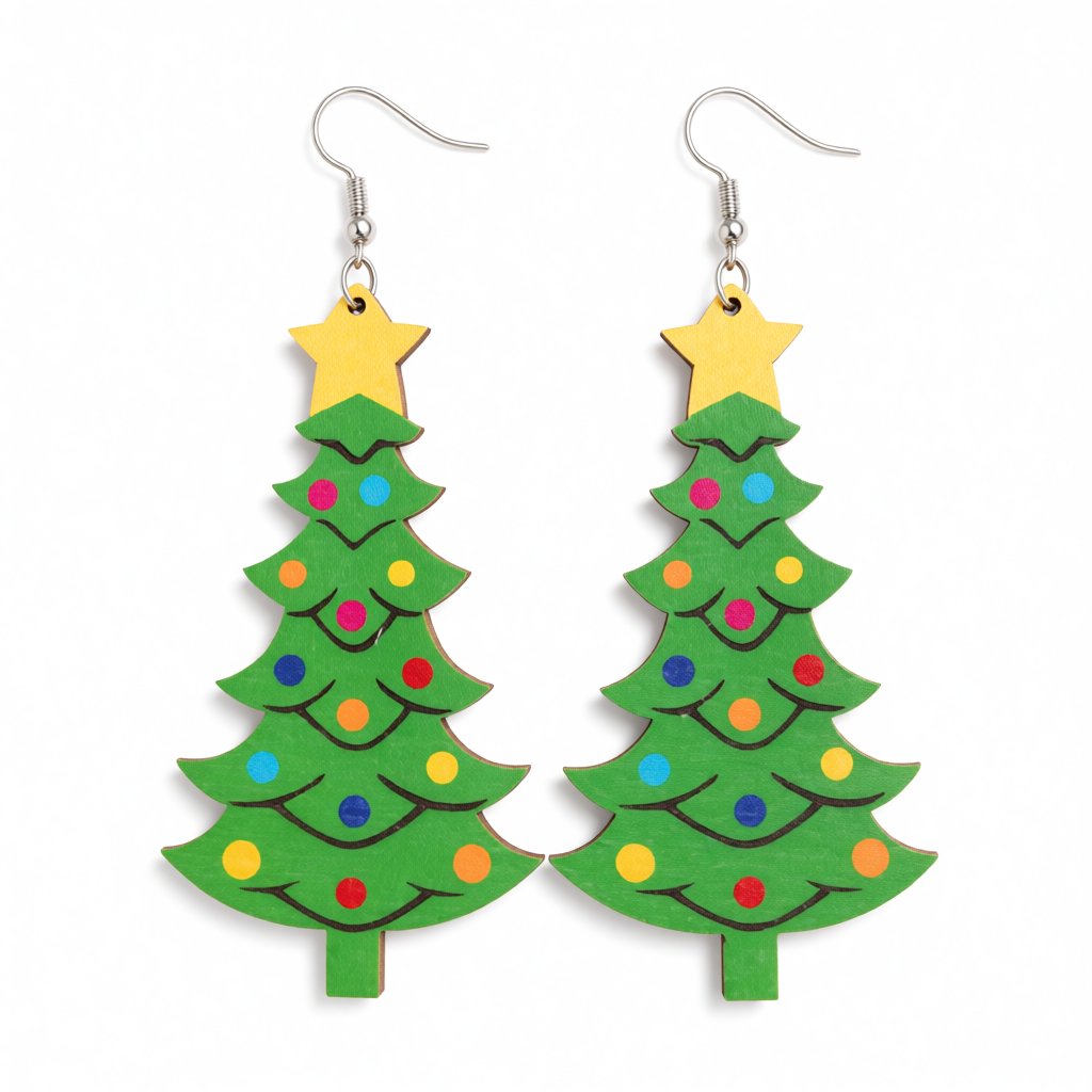 Green and Yellow Wood Christmas Tree Drop Earrings, drop earrings for women, vintage-inspired design, side view