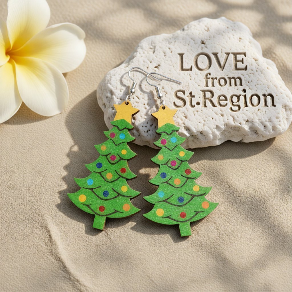 Green and Yellow Wood Christmas Tree Drop Earrings, drop earrings for women, vintage-inspired design, lifestyle look
