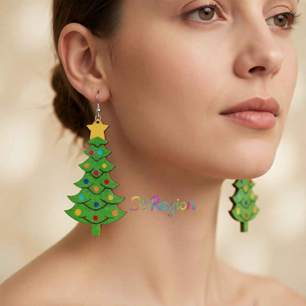 Green and Yellow Wood Christmas Tree Drop Earrings, drop earrings for women, vintage-inspired design, styled look