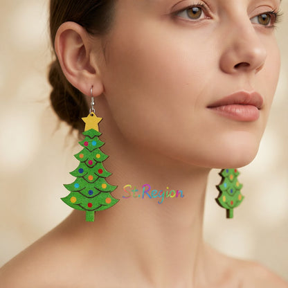 Green and Yellow Wood Christmas Tree Drop Earrings, drop earrings for women, vintage-inspired design, styled look