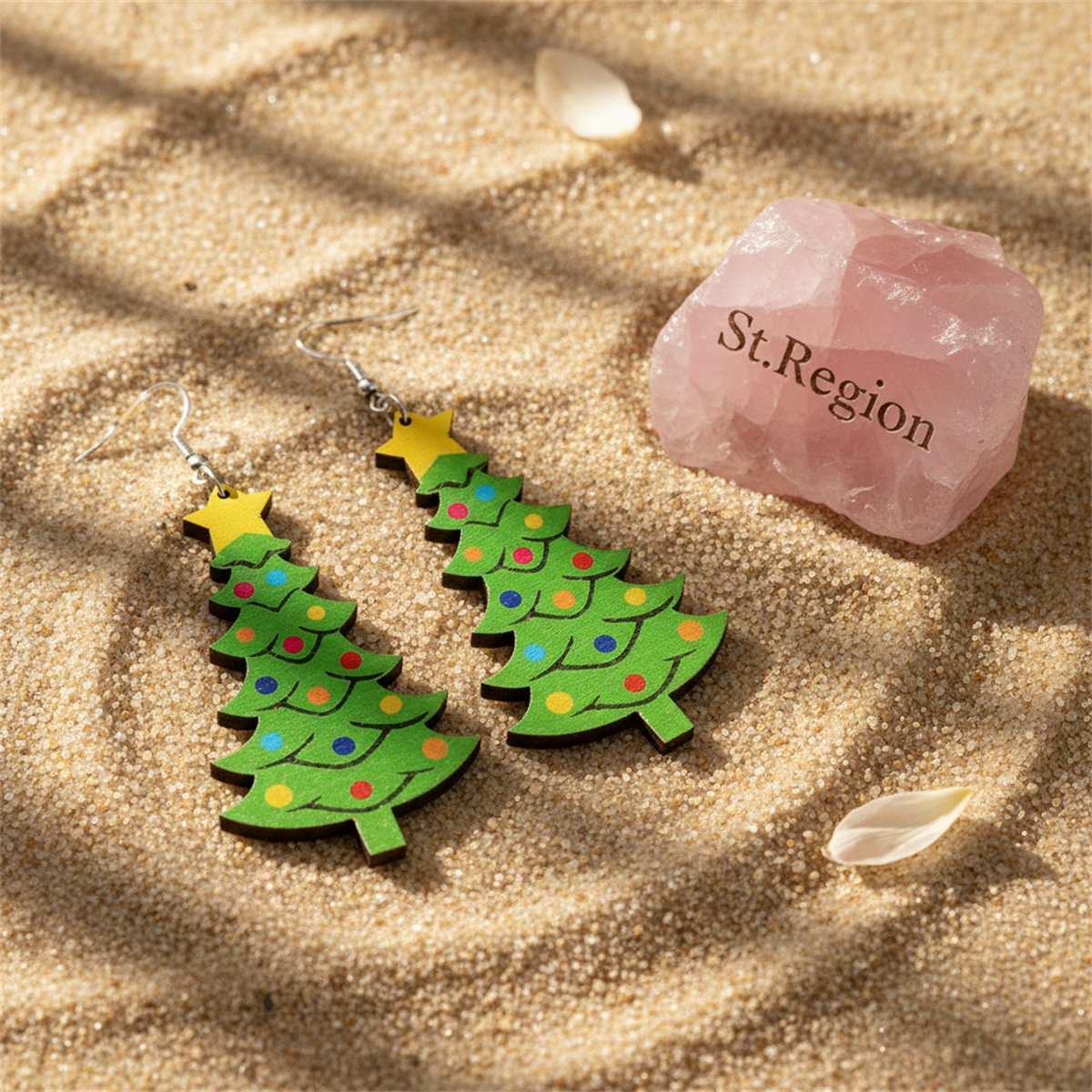 Green and Yellow Wood Christmas Tree Drop Earrings, drop earrings for women, vintage-inspired design, detail close-up