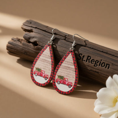 Red Plaid Vintage Christmas Truck Teardrop Earrings, drop earrings for women, dainty minimalist design, front view