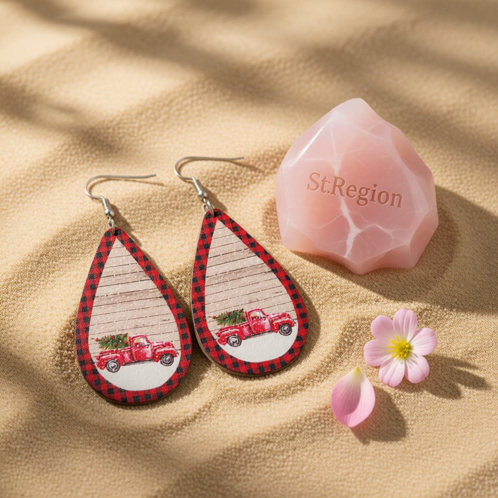 Red Plaid Vintage Christmas Truck Teardrop Earrings, drop earrings for women, dainty minimalist design, detail close-up