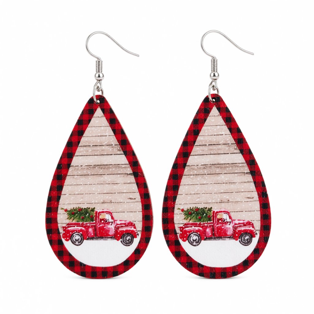 Red Plaid Vintage Christmas Truck Teardrop Earrings, drop earrings for women, dainty minimalist design, side view