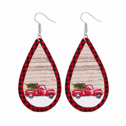 Red Plaid Vintage Christmas Truck Teardrop Earrings, drop earrings for women, dainty minimalist design, side view