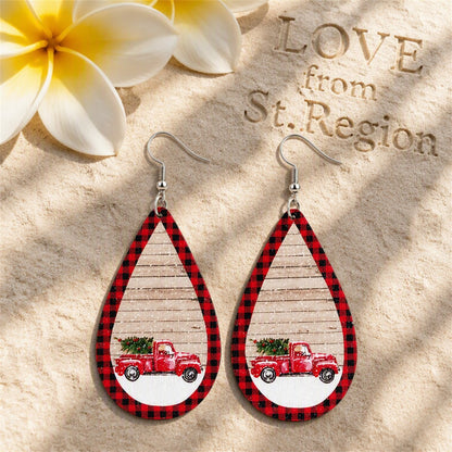 Red Plaid Vintage Christmas Truck Teardrop Earrings, drop earrings for women, dainty minimalist design, lifestyle look