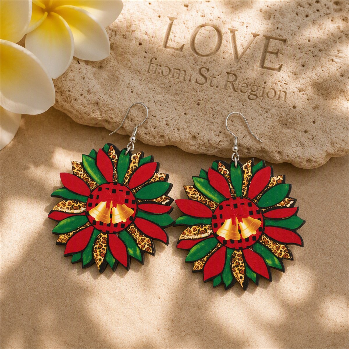 Green and Red Wood Silver-Plated Bell Flower Drop Earrings, silver drop earrings for women, everyday style, lifestyle look